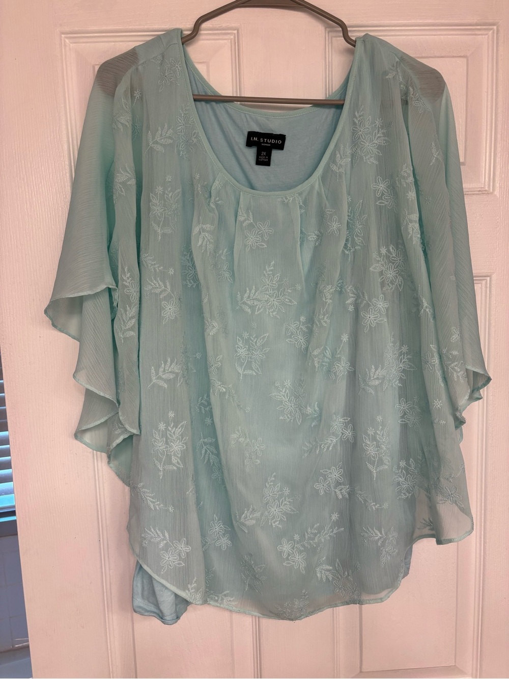 I.N. Studio Turquoise Embroidered Flutter-Sleeve Blouse
